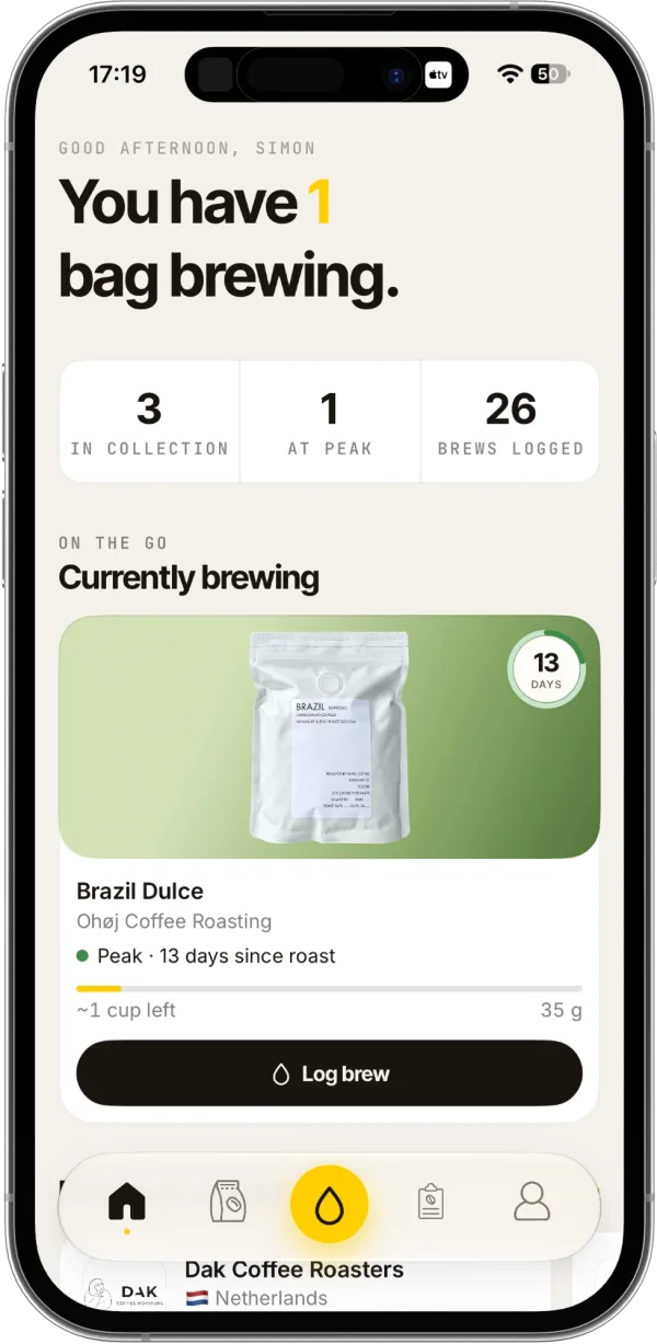 FIKA Beans: home screen with the bag currently brewing
